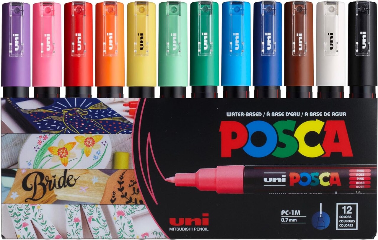 12 Posca Paint Markers, 1M Markers with Extra Fine Tips, Posca Marker Set of Acrylic Paint Pens | for Art Supplies, Fabric Paint, Markers for Art
